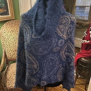 Women's Navy Blue Paisley Fuzzy Cowl Neck Sweater